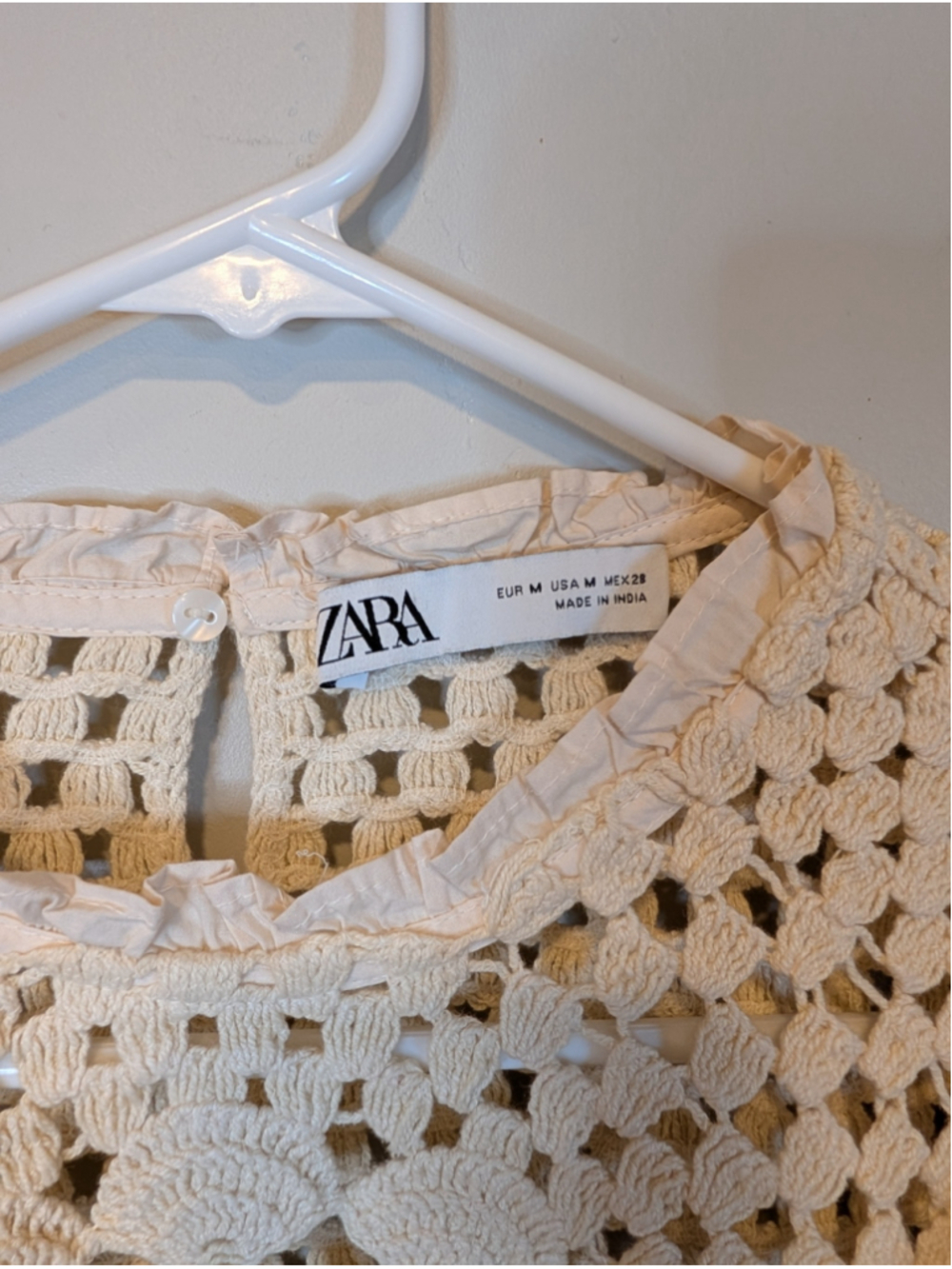 Zara Crochet Ruffled Long Sleeve Blouse Top Ecru Cream Cottagecore Medium - Picture 2 of 6